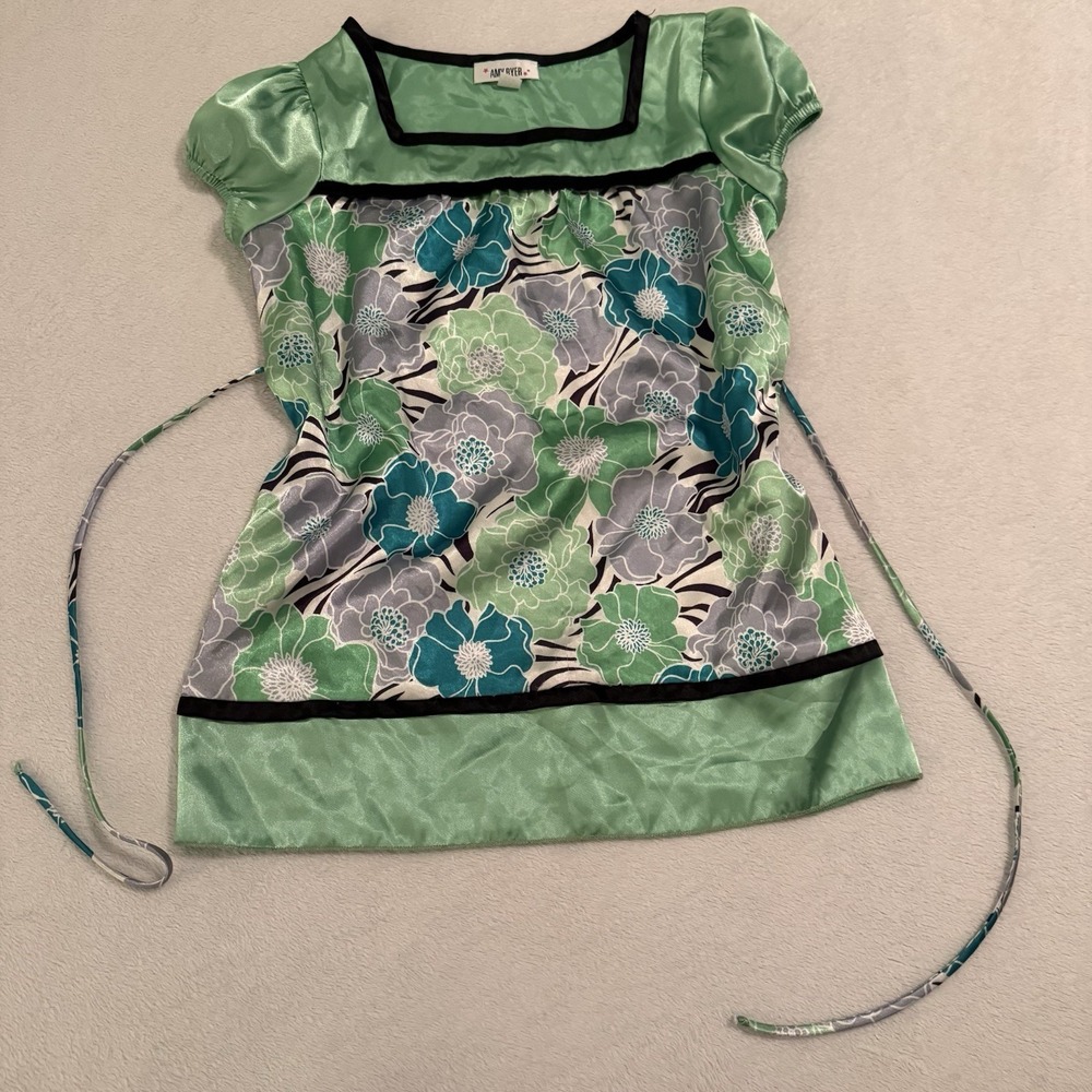 Amy Byer Vintage Y2K Satin Tie-Back Top Size Large Going Out Floral Zebra Green